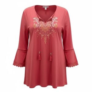 NWT Allison Daley Plus Embroidered Coral Women's Boho Tunic Top Tie Front 2 - 3X